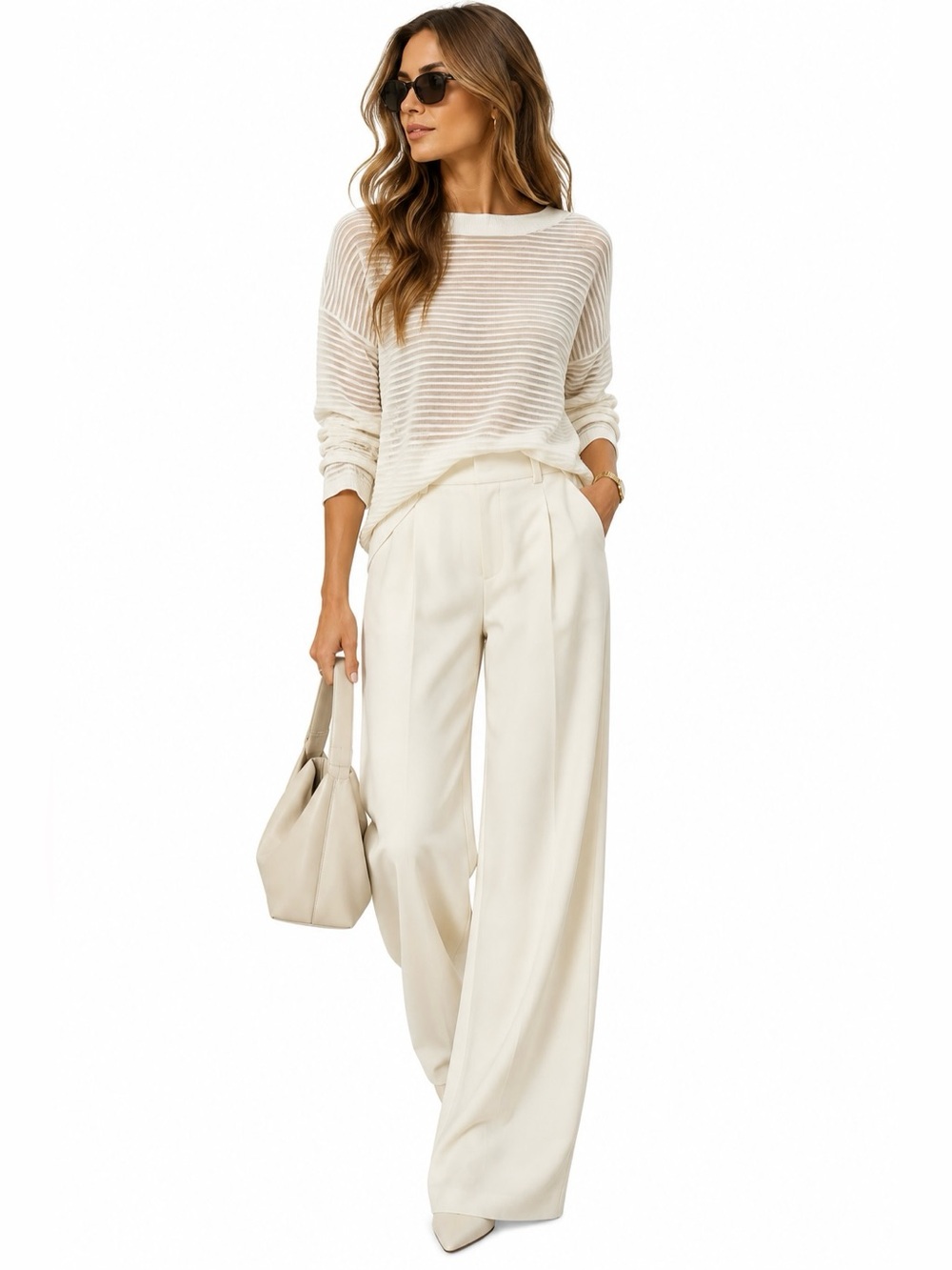 Club Monaco Sheer Ribbed Knit Top Medium White Ivory Long Sleeve Minimalist